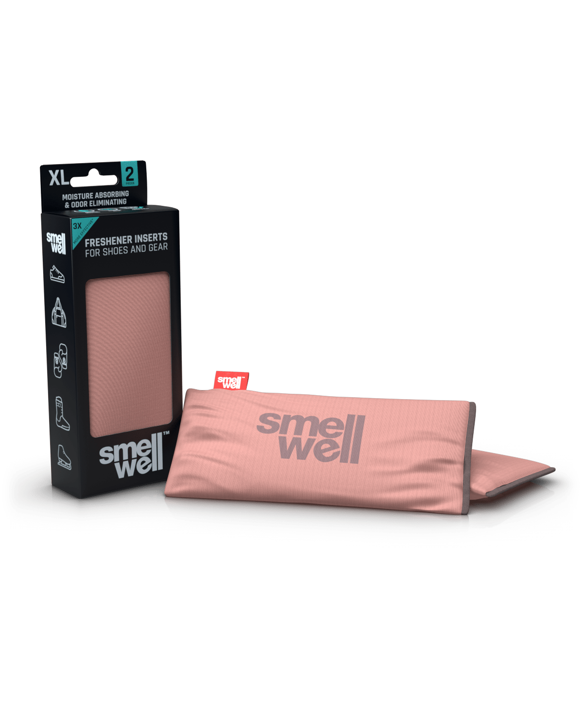 A package of SmellWell Active XL - Blush Pink from an angle and 2 SmellWell Active XL - Blush Pink freshener inserts bags next to it