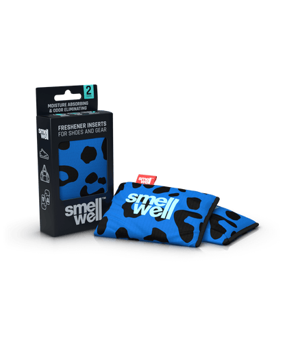 A package of SmellWell Active - Leopard Blue from an angle and 2 SmellWell Active - Leopard Blue freshener inserts bags next to it