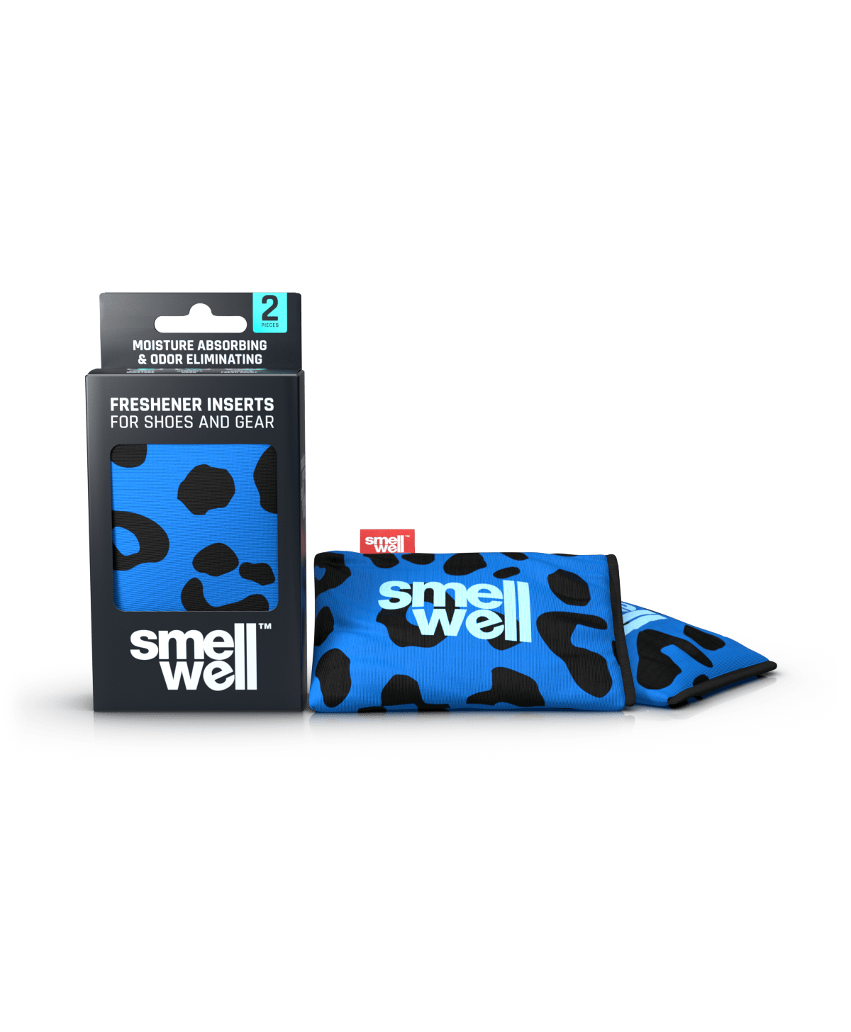 A package of SmellWell Active - Leopard Blue and 2 SmellWell Active - Leopard Blue freshener inserts bags next to it