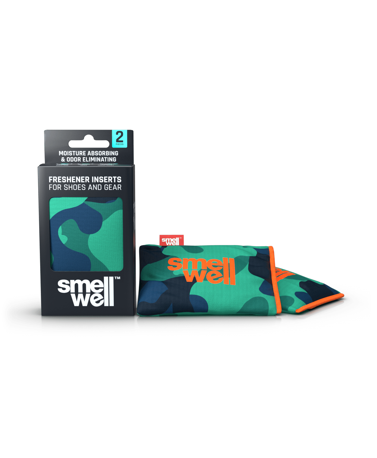 A package of SmellWell Active - Camo Green and 2 SmellWell Active - Camo Green freshener inserts bags next to it