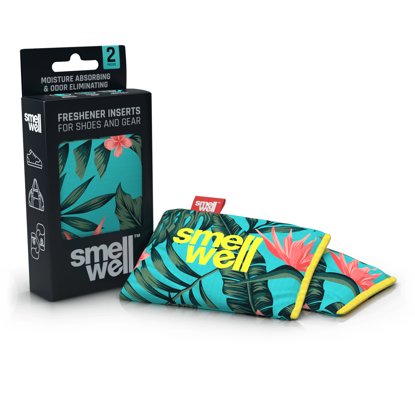 A package of SmellWell Active - Tropical Floral from an angle and 2 SmellWell Active - Tropical Floral freshener inserts bags next to it