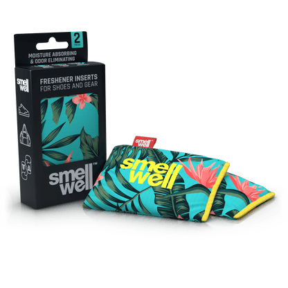 A package of SmellWell Active - Tropical Floral from an angle and 2 SmellWell Active - Tropical Floral freshener inserts bags next to it