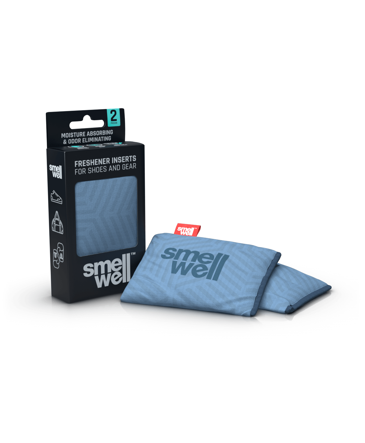 A package of SmellWell Active - Geometric Grey from an angle and 2 SmellWell Active - Geometric Grey freshener inserts bags next to it
