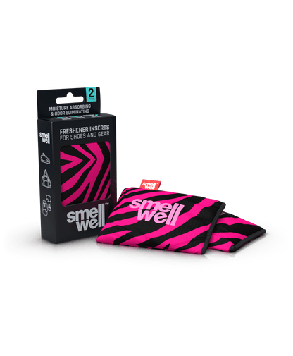 A package of SmellWell Active - Pink Zebra from an angle and 2 SmellWell Active - Pink Zebra freshener inserts bags next to it