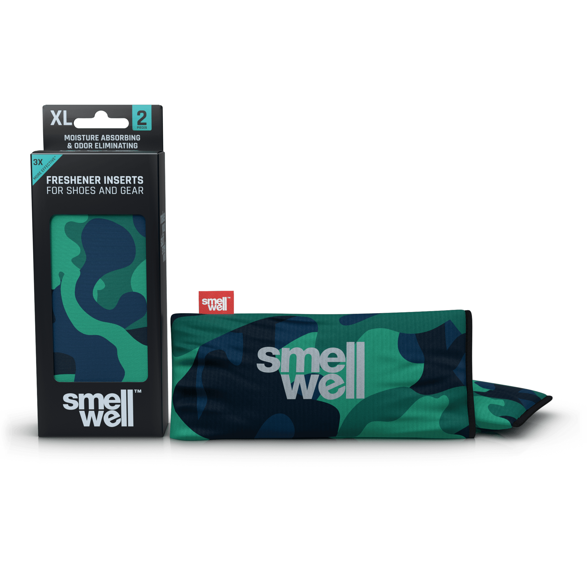 A package of SmellWell Active XL - Camo Grey and 2 SmellWell Active XL - Camo Grey freshener inserts bags next to it