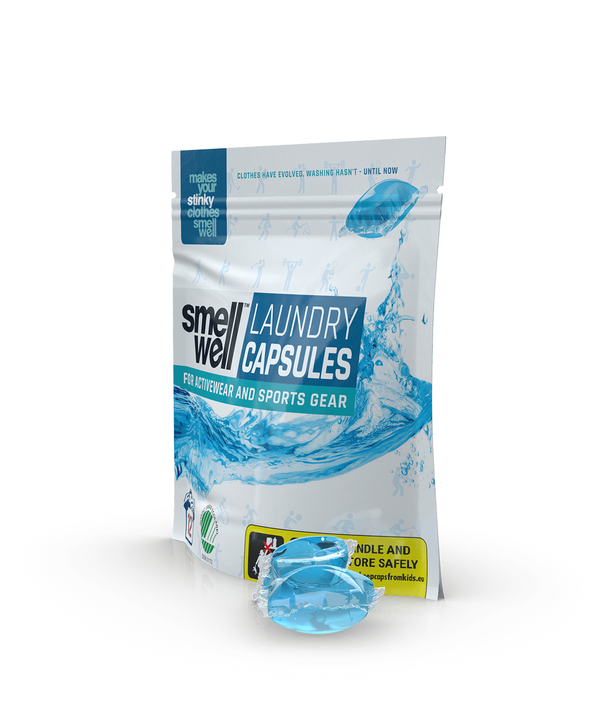 A package of SmellWell Laundry Capsules and 2 laundry capsules next to it (left tilt angle)