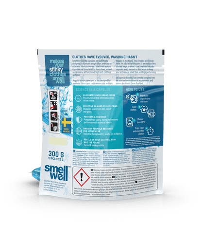 Backside of the SmellWell Laundry Capsules package