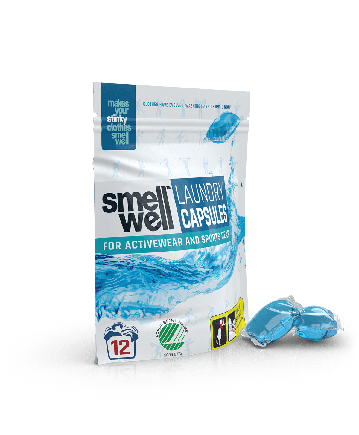 A package of SmellWell Laundry Capsules and 2 laundry capsules next to it (right tilt angle)